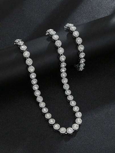 2pcs/Set Classic Round Diamond Splice Street Hip Hop Style Round Diamond Cuban Link Necklace + Bracelet Set, Suitable For Couples Gift And Wear