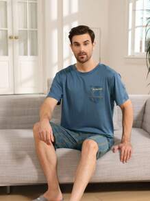 QIANNIANMA 2-teiliges Pyjama Set für Herren mit Kurzarm-Oberteil und Shorts, rundem Ausschnitt, kariert, lässige Hausmode, geeignet für Sommerlook Outdoor