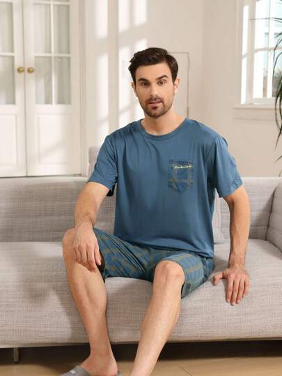 QIANNIANMA 2 件套男士短袖和短裤睡衣套装，圆领格子休闲家居服，适合夏季户外穿着