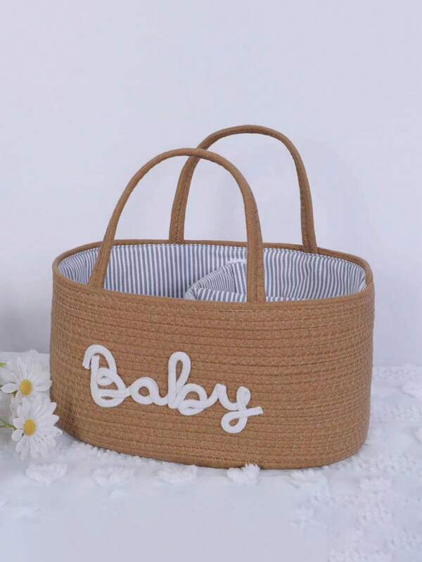 1pc Letter Baby Woven Diaper Storage Basket With Removable Dry-Wet Separation Lining, Carrying Basket Mommy Bag