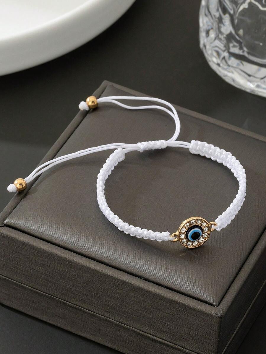 1pc Unisex Crystal-Studded Devil's Eye Drawstring Bracelet (Without Gift Box) - White - View 1