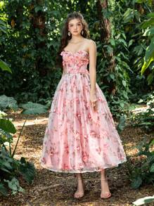 Faeriesty Princess Beauty Luxury Strapless A-Line Evening Gown With 3D Floral Embroidery & Adjustable Back Tie Closure - Formal Dresses For Gala Dinners, Wedding Receptions, Red Carpet Events