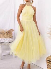 Womens Backless Long Dress Adjustable Tie Halter Neck Tulle High Waist Solid Party Wedding Dress - 黃色 - 查看 2