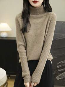 Women's Turtleneck 100% Merino Wool Sweater 2024 Fall Winter Classic Warm Soft Raglan Long Sleeve Knit Sweater - Camel - View 7