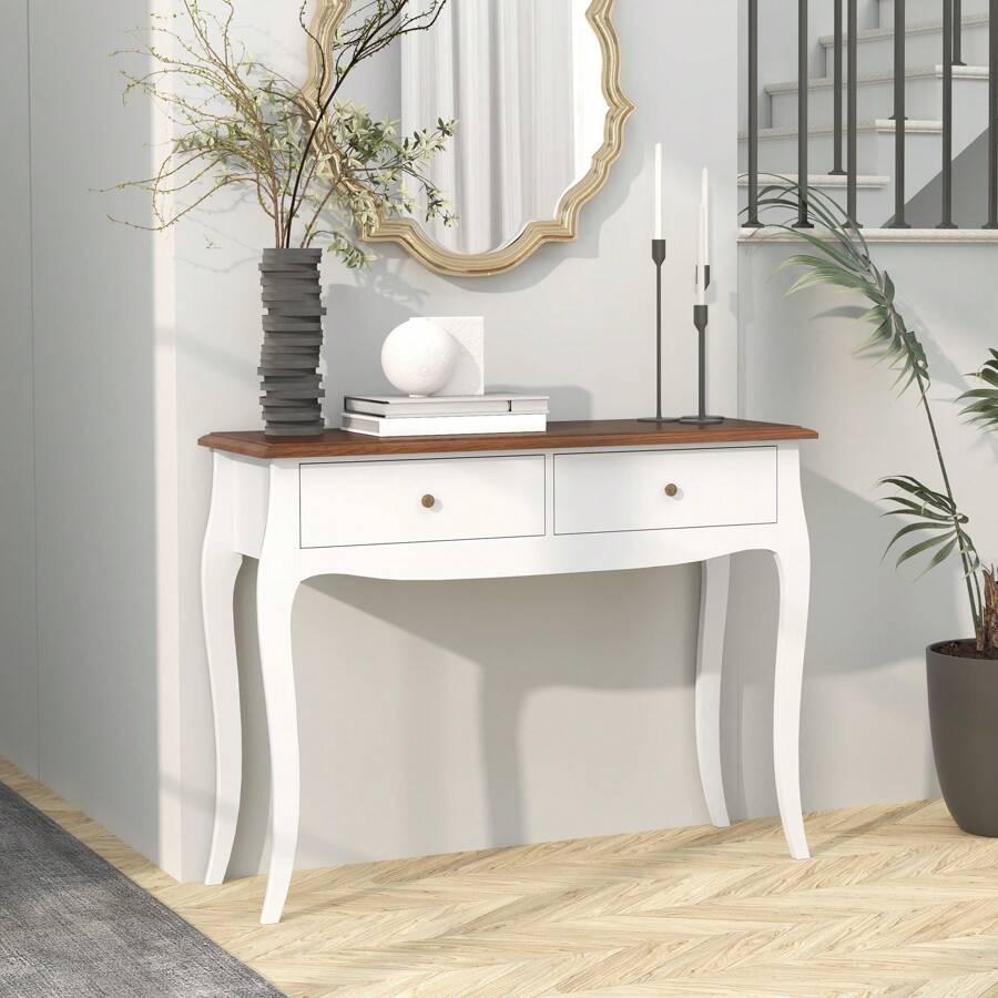 HOMCOM Mesa de Consola Mesa de Entrada con 2 Cajones Consola para Recibidor Estilo Francés para Pasillo Dormitorio Salón 100x35x76,5 cm Blanco y Marrón Oscuro - Blanco - Ver 1