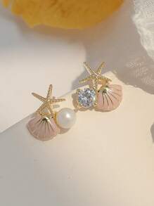 2 piezas de Pendientes asimétricos con concha rosa, estrella de mar y perla, delicados y adecuados para uso diario o en la playa de la mujer