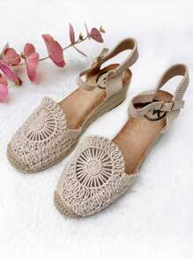 Calzado Estilo. Sandalias cerradas estilo alpargatas para mujer, esparto, tira tobillo, cierre de pulsera con hebilla, comodidad y estilo - Albaricoque - Ver 5