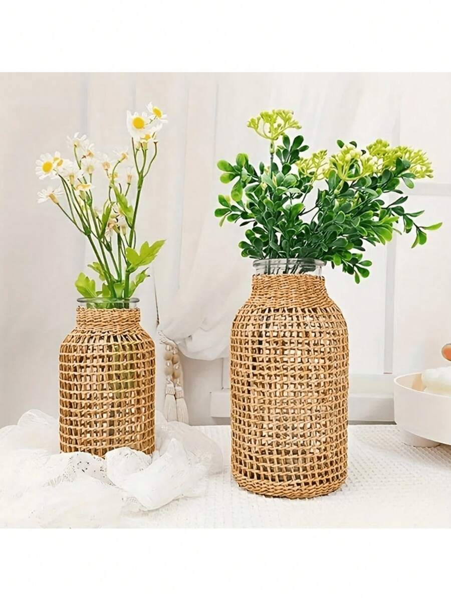 1pc Woven Straight Glass Vase, Transparent Desktop Decor Gifts Birthday Graduation - Multicolor - View 1