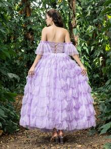 Off Shoulder Floral Applique Bodice Contrast Tiered Ruffle Hem Homecoming Prom Dress Perfect Wedding Guest Dress, For Back To School, Gathering, Dance & Cocktail Events, Party Dress - Lilac Purple - View 3