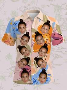 夏季女士定制照片短袖衬衫时尚个性化夏威夷衬衫 3D 花卉印花 T 恤添加您的照片设计定制趣味衬衫度假休闲装 - 橘色 - 查看 4