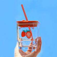 1pc Glass Cup With Straw, Large Capacity Home Use With Lid - Multicolor - View 3