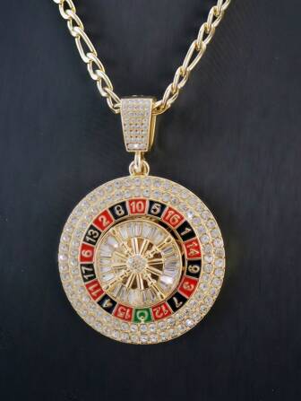 1 Pc Gold Plated Spinning Casino Roulette Pendant With Figaro Chain