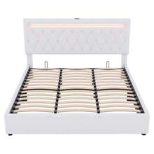 Flat Bed 180*200cm, Upholstered, Hydraulic Bed With Lifting Mechanism, Color Changing Ambient Light, Remote Control, Port, White