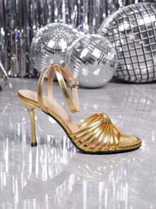 女士优雅金色结饰高跟凉鞋，适合正式聚会和场合
