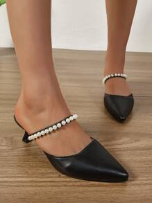 Pointed Toe Slip-On Mule Sandals Women, Summer New Stiletto Heel Shoes With Pearl Decoration, Versatile