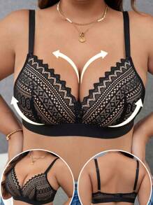 Plus Size Women Lace Fashion Lift Up Wireless Bra - Black - View 1
