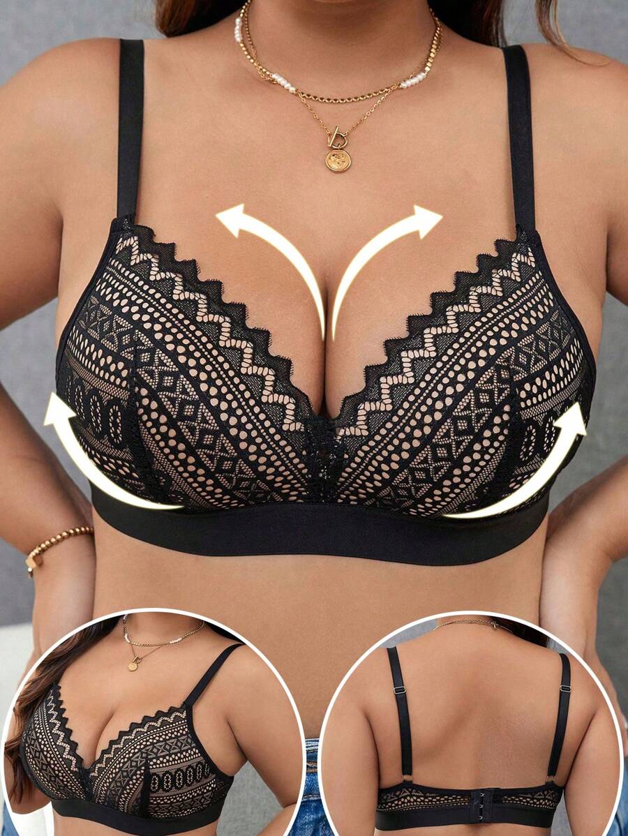 Plus Size Women Lace Fashion Lift Up Wireless Bra - Black - View 1