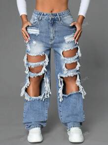 Jeans droits avec poches obliques contrastées et découpes