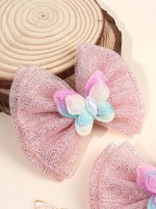 2pcs Yarn Double Layer Girls Hair Bow Clips,Fabric Butterfly Decor Hair Bows Clips For Kids,Fashion Alligator Clips Hair Accessories For Girls