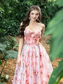 Faeriesty Princess Beauty Luxury Strapless A-Line Evening Gown With 3D Floral Embroidery & Adjustable Back Tie Closure - Formal Dresses For Gala Dinners, Wedding Receptions, Red Carpet Events