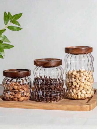 创意波浪纹玻璃罐，密封防漏罐，厨房谷物茶叶储物罐，配竹木盖，食品储物容器，咖啡豆坚果罐，咖啡吧玻璃储物罐，干果保鲜罐