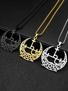 Wicca Triple Moon Crescent Pentagram Pedant Necklace For Women Men Stainless Steel Gold Color Satan Lilith Demon Seal