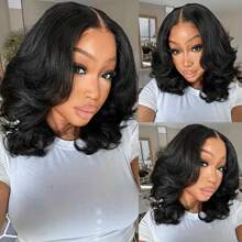 WALSDI 自然黑色 14 英寸鲍勃假发 200% 密度 13x4 透明蕾丝前部自然外观假发 女士蓬松波浪无胶假发蕾丝闭合假发 预拔婴儿头发自然发际线假发 - 彩色 - 查看 7