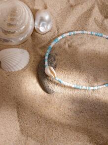 Uworld 2 Pcs/Set Women's Blue And White Rice Beaded Anklet Bohemian Style Shell Decor Anklet For Seaside Vacation Beach Swimming Pool Etc.