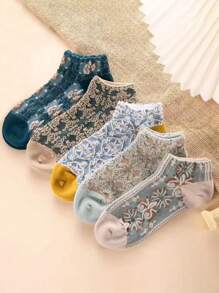 5/10/20 pares Calcetines cortos y versátiles para mujer con patrón de flor 3D en relieve, estilo retro, transpirables