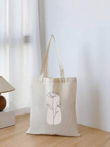 New Beige Stone Line Floral Print Tote Bag, Versatile Suitable For School, Campus, Library, Shopping, Travel, Outdoor, Casual, Large Capacity Convenient Style
