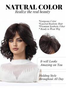 优雅蓬松女士假发深棕色 12 英寸短卷发假发，带刘海，编织合成女士假发，适合日常和节日佩戴 - Dark Brown - 查看 2