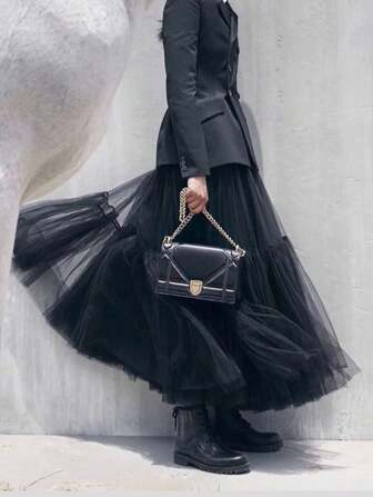 1 件蓬松黑色薄纱长裙，优雅百褶裙，女士交谊舞裙，女式裙子