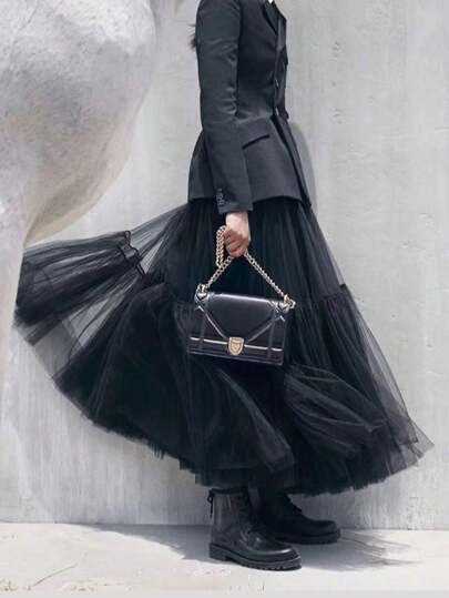 1 件蓬松黑色薄纱长裙，优雅百褶裙，女士交谊舞裙，女式裙子