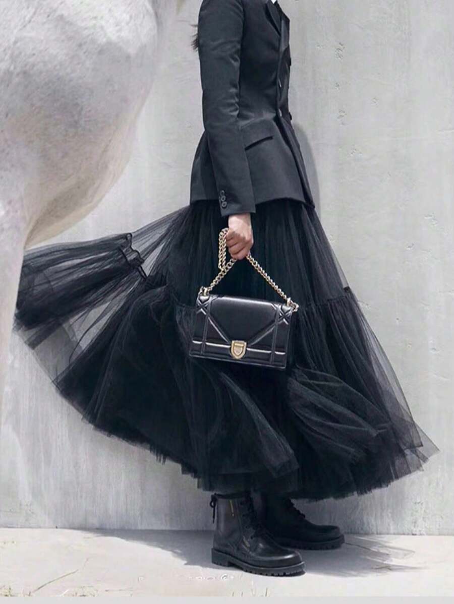 1pc Fluffy Black Tulle Maxi Skirt, Elegant Pleated Skirt, Women Ballroom Dance Dress, Female Skirt