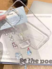 DIY 雪人与熊贴纸透明硬 PC 手机壳，兼容 iPhone 16，可爱卡通设计，超强防摔保护套，兼容 iPhone 15 Pro Max、14 Plus/11