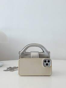 时尚酷炫儿童手提包、单肩斜挎包、纯色金属长肩带迷你方形钱包 - 銀色 - 查看 3