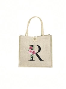 1 pieza Bolso de mano con flor de lino y letra, bolso de gran capacidad sencillo, bolso de almacenamiento casual portátil, bolsa de compras multifuncional, bolsa de regalo personalizada, adecuada para bodas, cumpleaños, playas, festivales, regalos perfectos para mujeres, maestros, amigos, damas de honor, bolsos grandes, estudiantes y vuelta a clases