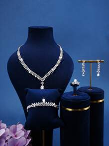 5pcs Fashionable Fully Rhinestoned Jewelry Set Including Necklace, Earrings, Ring, Bracelet, Suitable For Women's Wedding, Party, Birthday, Holiday Wearing