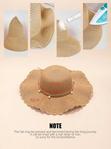 1pc Women's Khaki Wave Beach Sun Hat With Faux Pearl & Bowknot Detail, Elegant Beach Travel Vacation Sun Hat