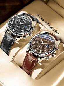 2 Piezas Reloj de cuarzo de hombre con correa de piel de PU, estilo casual, clásico y de negocios, con esfera de letras romanas, para uso diario o como regalo de vacaciones