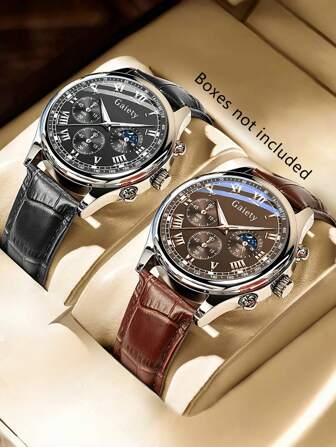 2Pcs Men's PU Leather Strap Fashionable Casual Classic Business Three Eye Roman Letter Dial Quartz Watch For Daily Wear Or Holiday Gifts