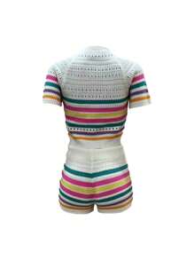 Women Fashion Knitted Striped Vacation Top And Shorts Set Sweater Summer Fashionable Casual Daily Wear - Multicolor - View 5
