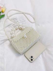1pc Mini Elegant Faux Pearl Hand-Woven Shoulder Handbag, Crossbody Phone Purse, Suitable For Women Daily Use & Dates, Gift