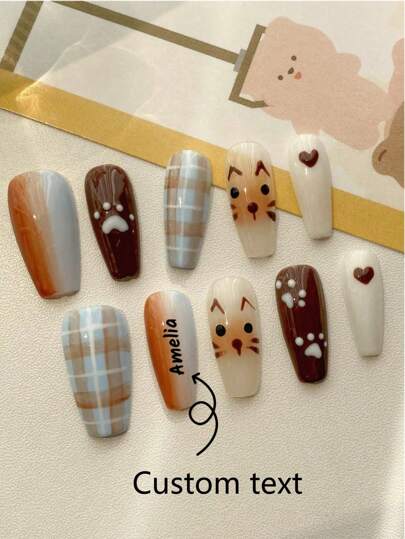 10 Stücke können individuell gestaltet und aufgeklebt werden, Nagelkunst im neuen Stil, DIY Cartoon Nägel, Herbst Katzen Farbverlauf Katzen Handflächen Druck Muster Design braune Nägel, Halloween Nägel, Weihnachtsnägel, Individualisierung von Weihnachts- und Halloween-Elementen, Nagelbedarf, Nagelpulver, Nagelastigmatismus geeignet für Partyveranstaltungen