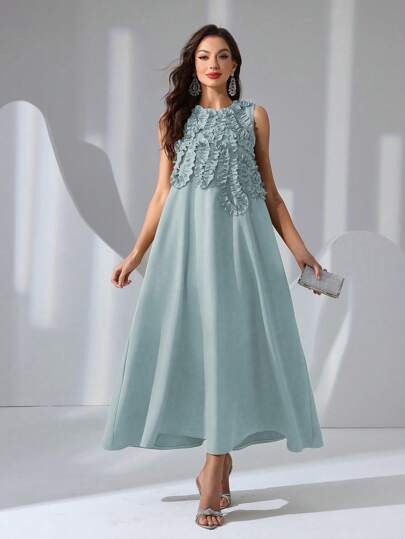 女士无袖 3D 花朵装饰中长连衣裙