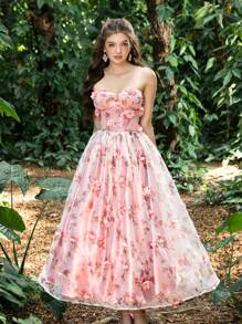 Faeriesty Princess Beauty Luxury Strapless A-Line Evening Gown With 3D Floral Embroidery & Adjustable Back Tie Closure - Formal Dresses For Gala Dinners, Wedding Receptions, Red Carpet Events