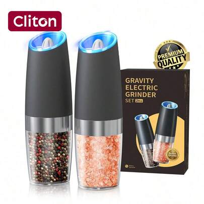 CLITON 重力式电动盐和胡椒研磨器套装，粗细可调，电池供电带LED灯，单手自动操作，升级大容量，不锈钢黑色，重力式电动盐和胡椒研磨器，自动研磨带LED灯，电池供电，粗细可调，单手操作，圣诞礼物，创意厨房小工具礼品