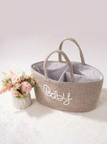 1pc Letter Baby Woven Diaper Storage Basket With Removable Dry-Wet Separation Lining, Carrying Basket Mommy Bag