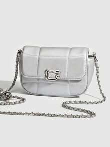 Bolso Casual Versátil de Color Sólido con Textura, Diseño de Nicho, Moda para Universidad/Trabajo, Bolso Cuadrado con Cadena Cruzada para Mujer - Gris - Ver 7