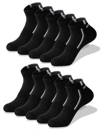10 Pairs Simple Black Athletic Men's Crew Socks With Letter Detail, For Gym